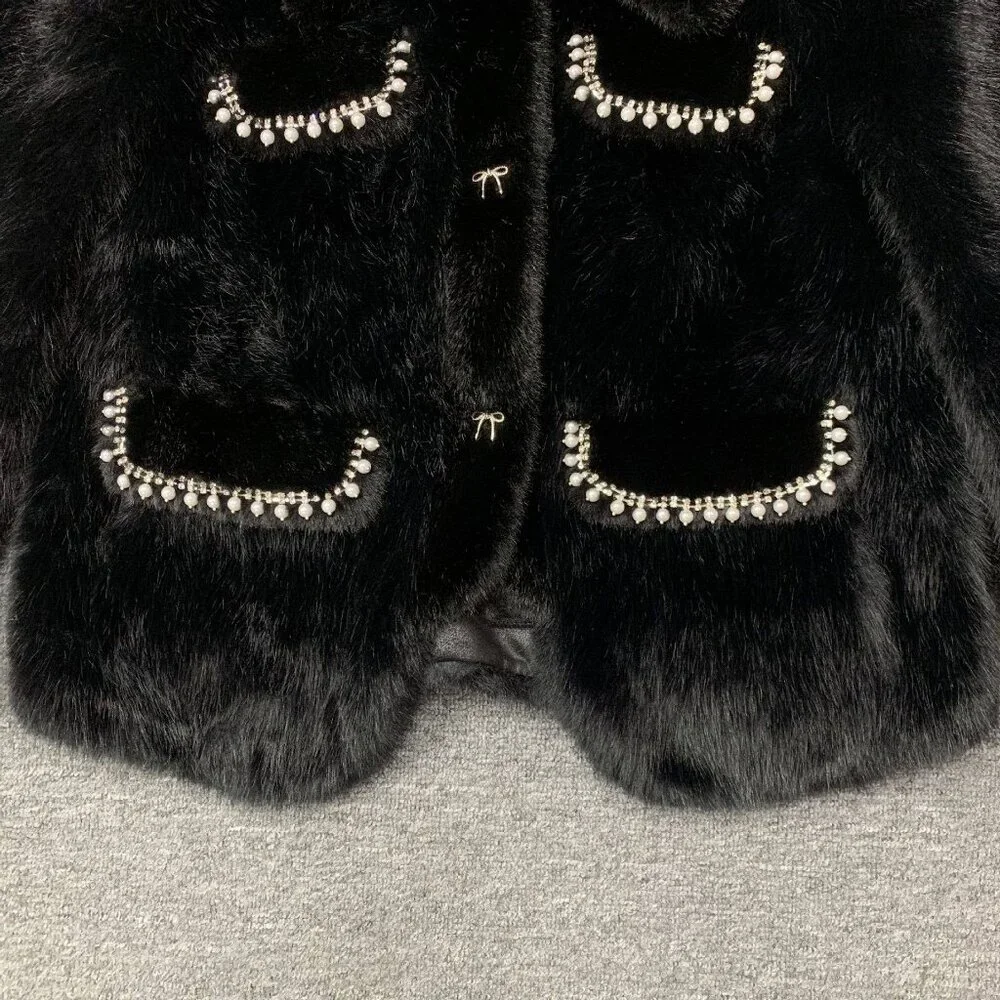 Fur coat with rhinestone trim and bow accents - Picture 2 of 5